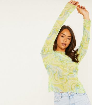 QUIZ Green Swirl Long Sleeve Mesh Top 