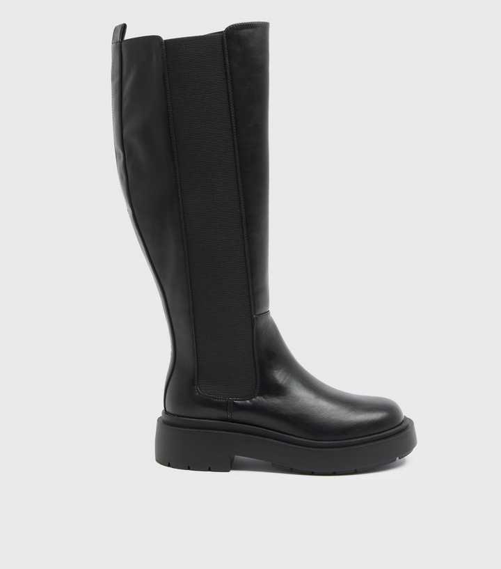 Black Chunky Knee High Chelsea Boots