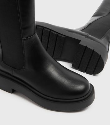 Black Chunky Knee High Chelsea Boots New Look Vegan