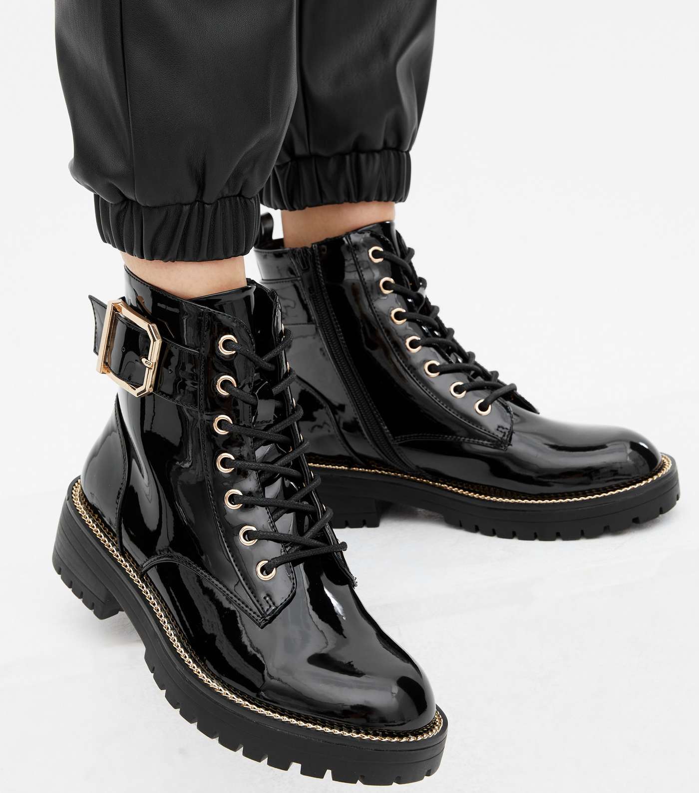 Black Patent Chunky Lace Up Buckle Biker Boots Image 2