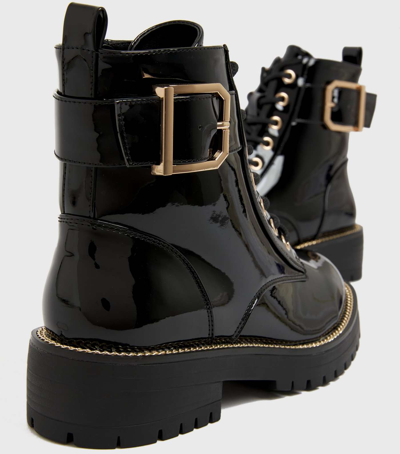 Black Patent Chunky Lace Up Buckle Biker Boots Image 4