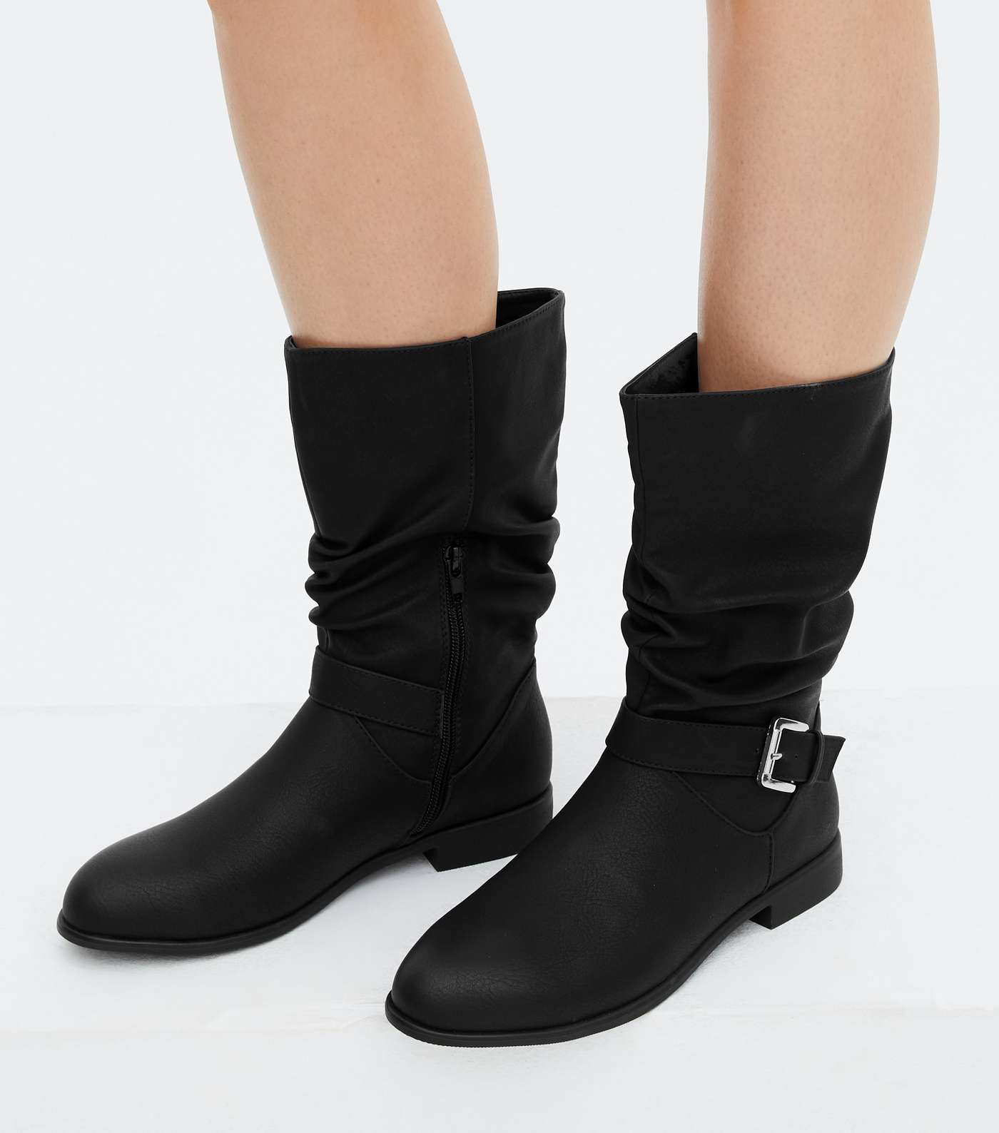 Black Buckle Slouch Calf Boots Image 2