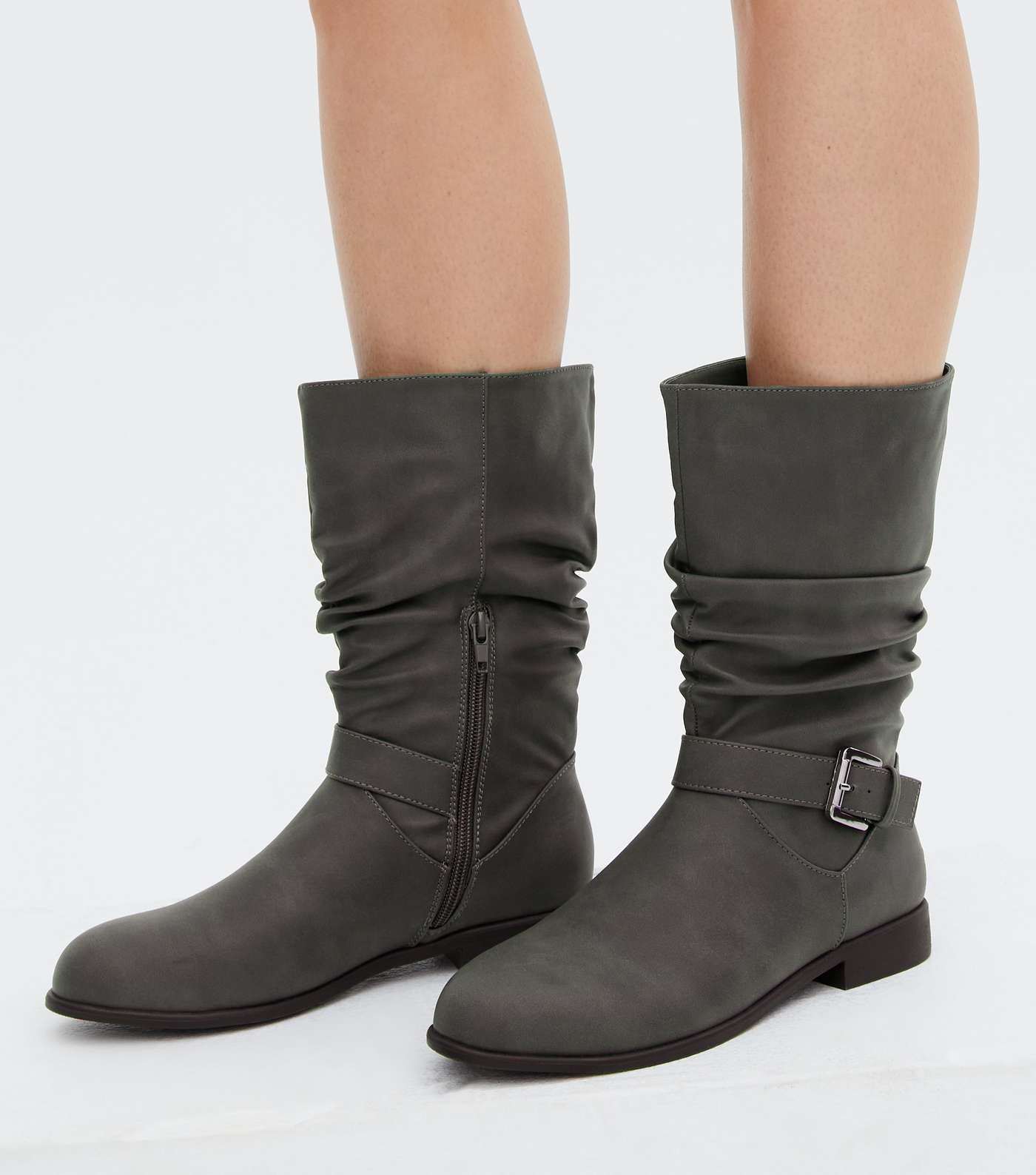 Grey Buckle Slouch Calf Boots Image 2
