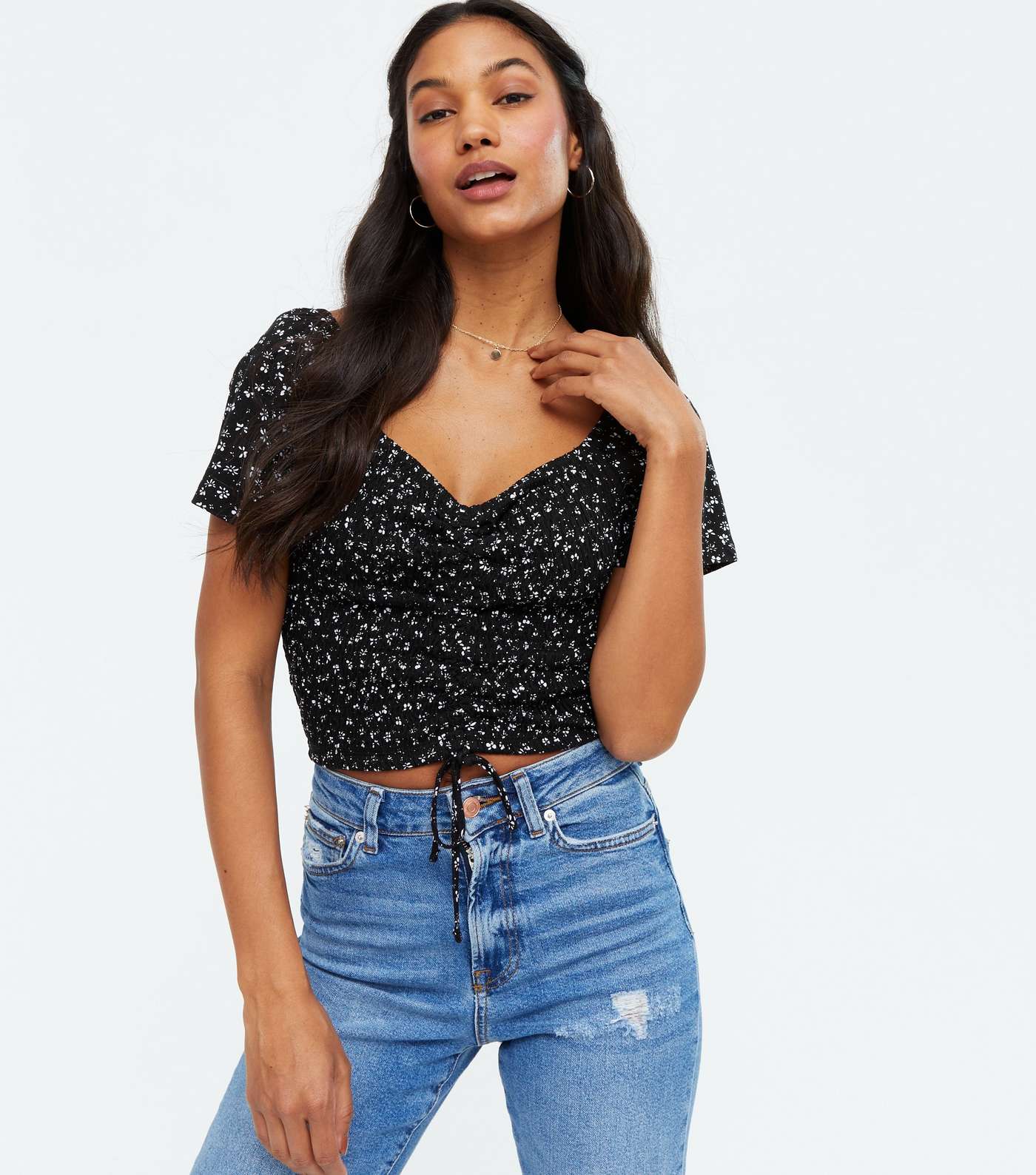 Black Floral Ruched Tie Front Shirred Top