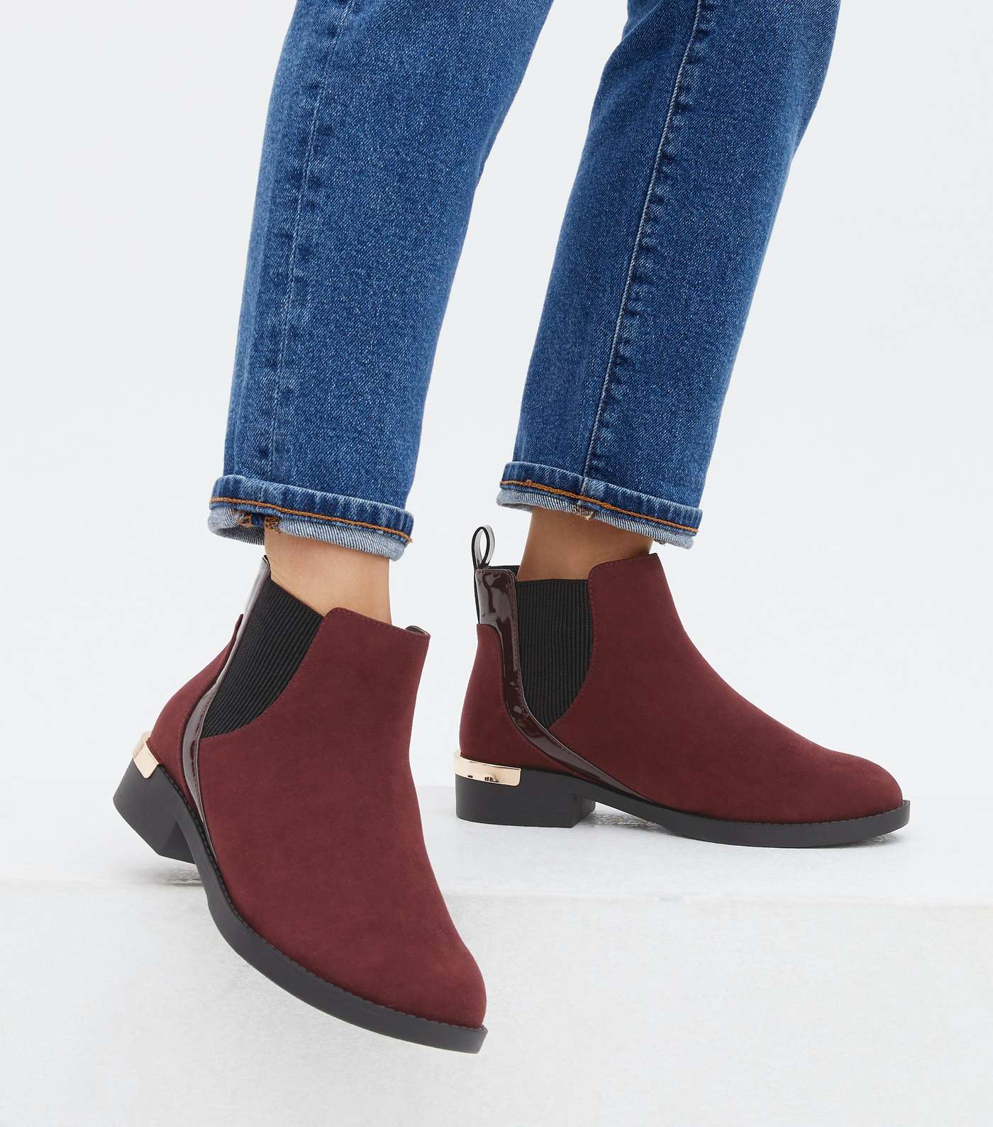 Extra Wide Fit Dark Red Suedette Metal Trim Chelsea Boots Image 2