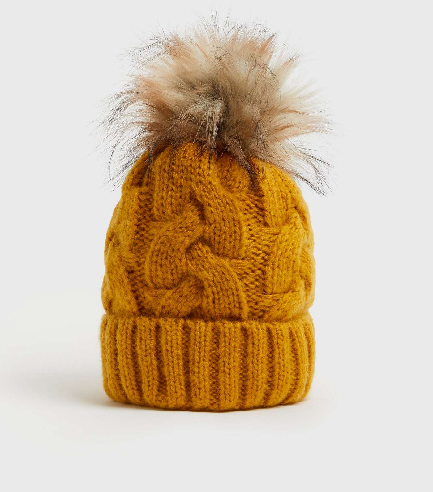 Mustard Cable Knit Faux Fur Bobble Hat Image 2