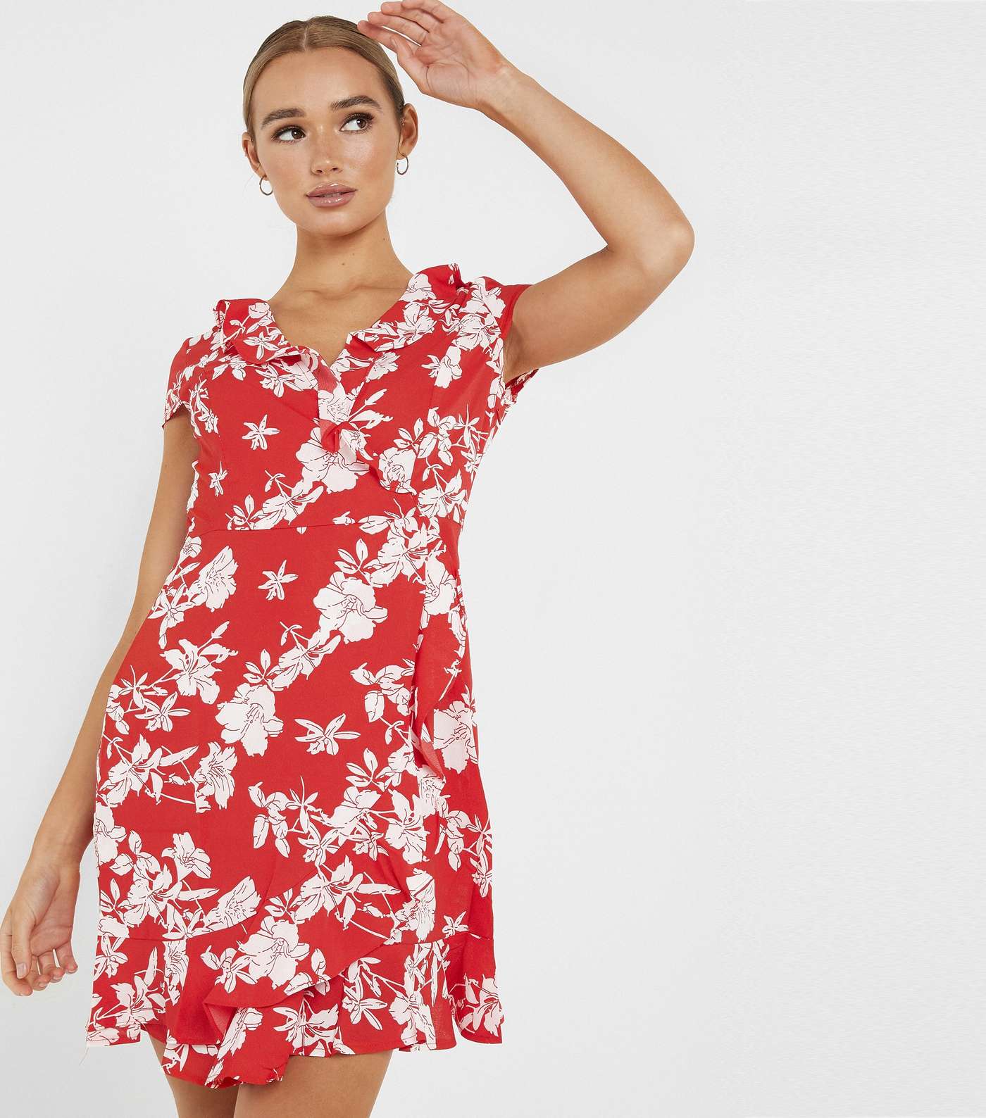 QUIZ Red Floral Crepe Frill Mini Dress