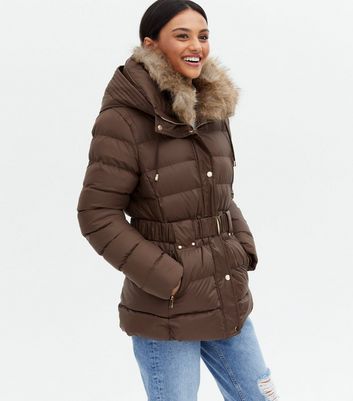 Brown puffer jacket with fur hood on sale