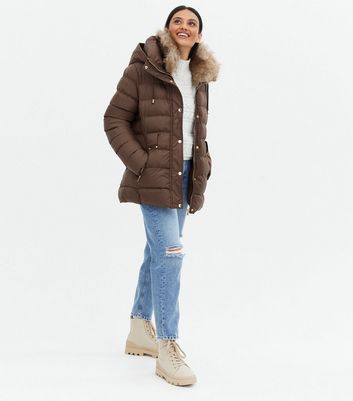 brown puffer coat with fur hood