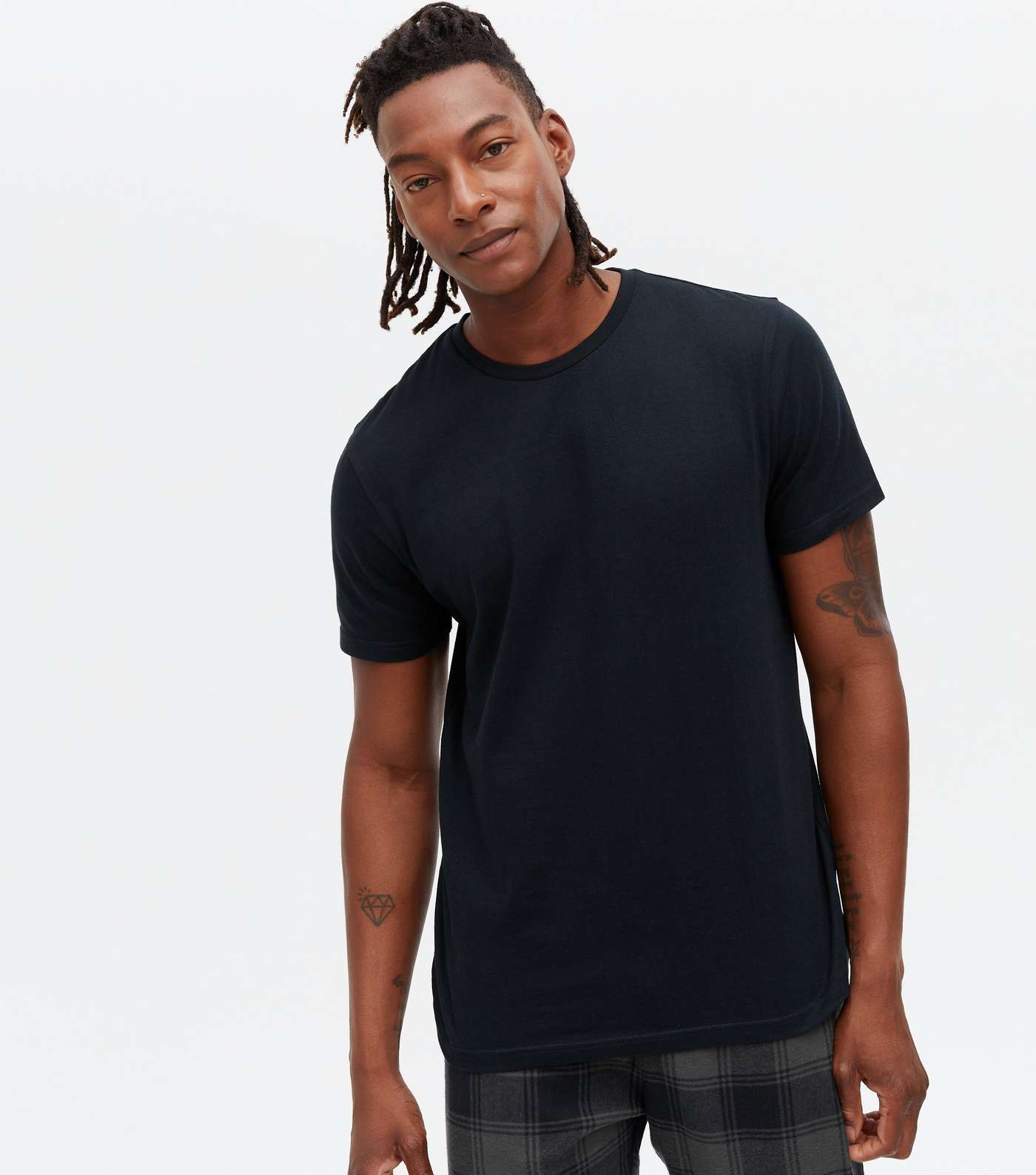 Black T-Shirt and Trouser Pyjama Set with Check Print Image 2