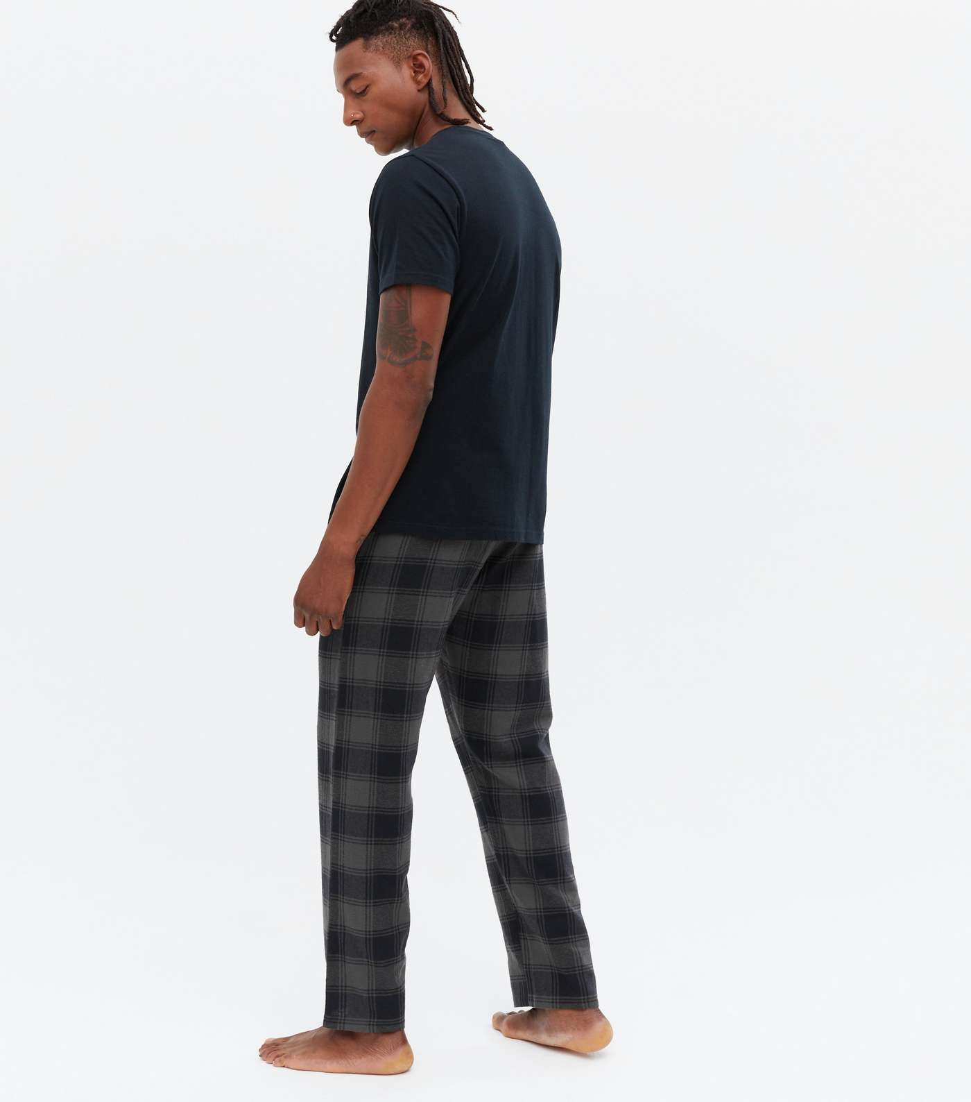 Black T-Shirt and Trouser Pyjama Set with Check Print Image 4