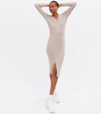 Tall Cream Ribbed Knit Button Front Midi Dress New Look