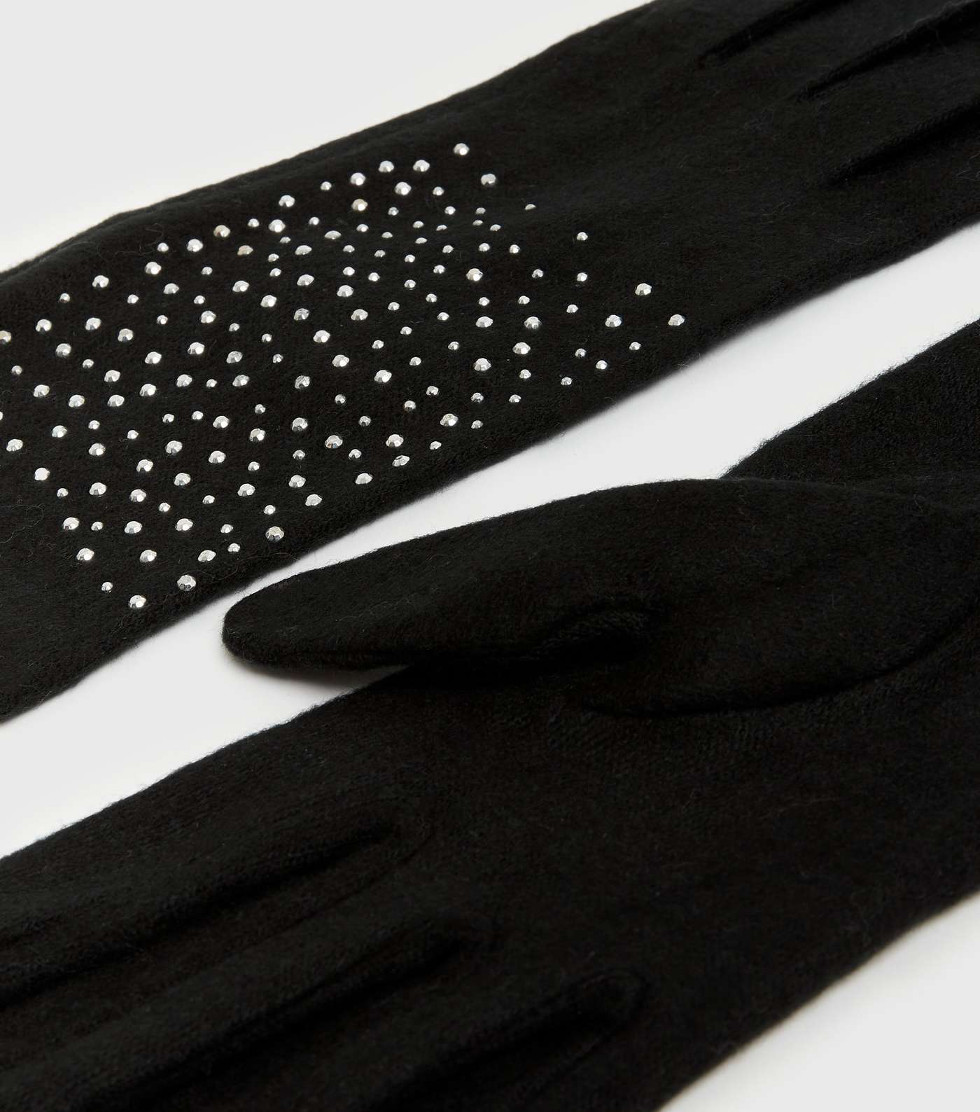 Black Soft Fine Knit Diamanté Gloves Image 2