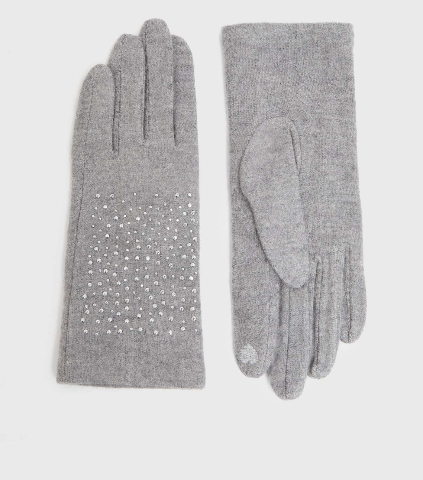 Grey Soft Fine Knit Diamanté Gloves Image 2