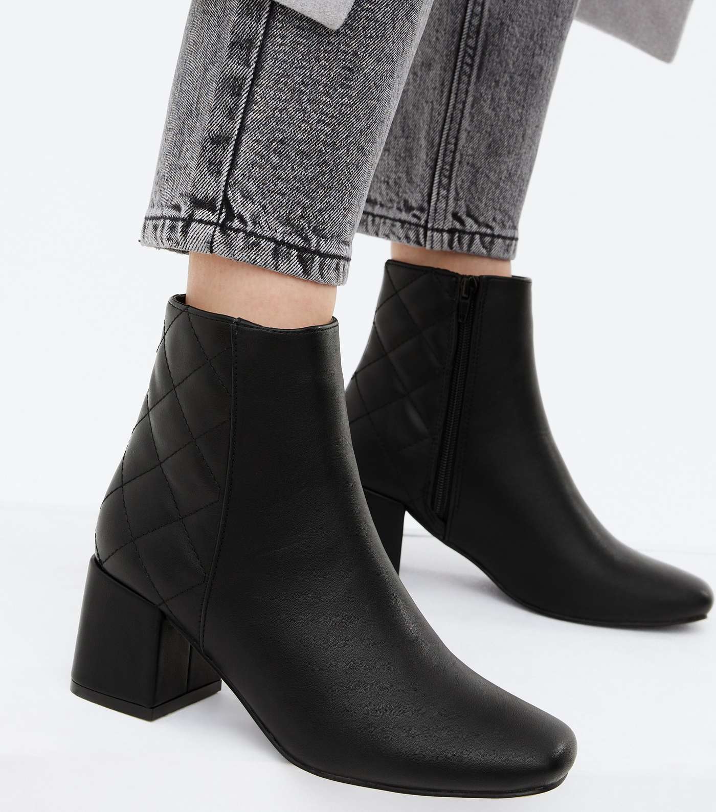Black Quilted Block Heel Ankle Boots Image 2