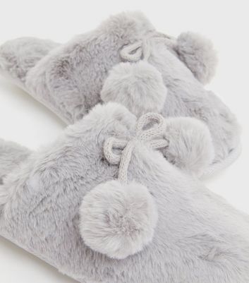 shop for Grey Faux Fur Pom Pom Mule Slippers New Look Vegan at Shopo