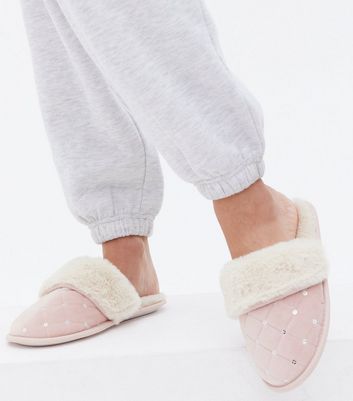shop for Pink Quilted Sequin Faux Fur Lined Mule Slippers New Look Vegan at Shopo