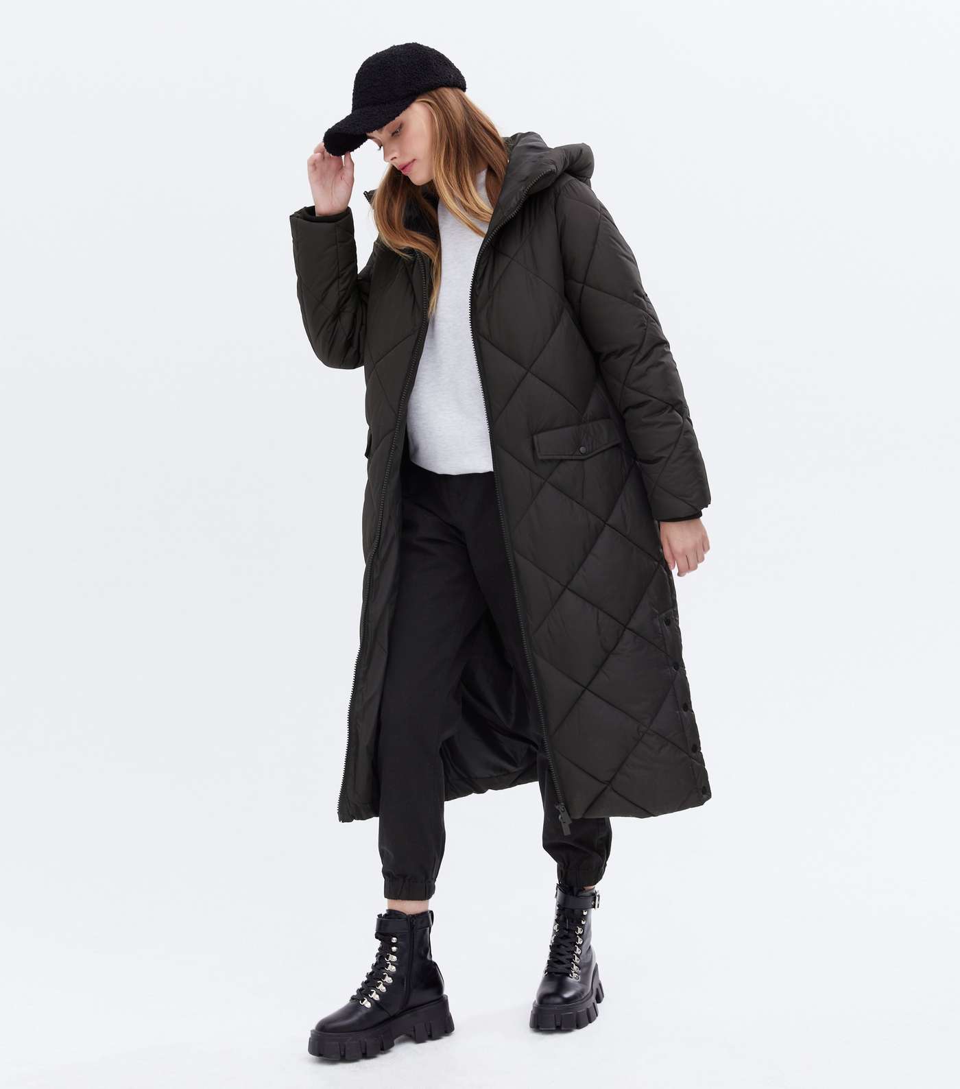Black Quilted Long Puffer Coat Image 2
