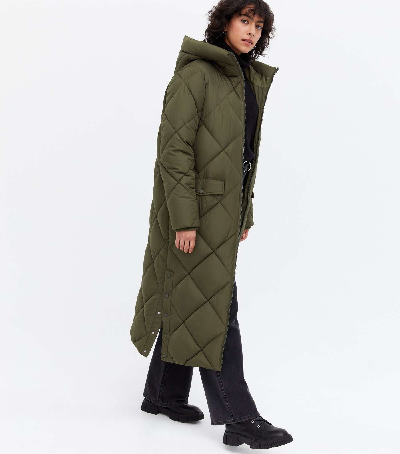 Khaki Quilted Long Puffer Coat Image 2