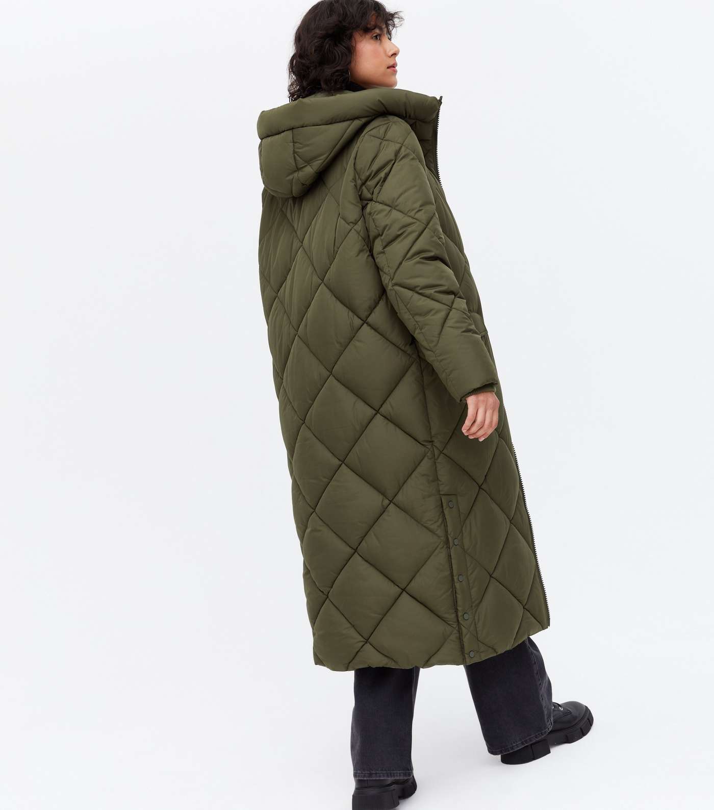 Khaki Quilted Long Puffer Coat Image 4