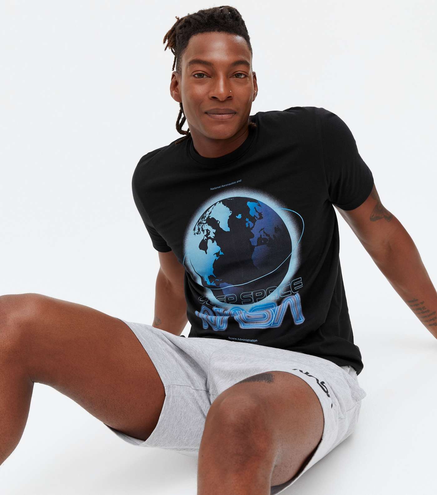 Black T-Shirt and Short Pyjama Set with NASA Logo Image 2