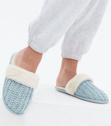 shop for Pale Blue Knit Faux Fur Lined Mule Slippers New Look Vegan at Shopo