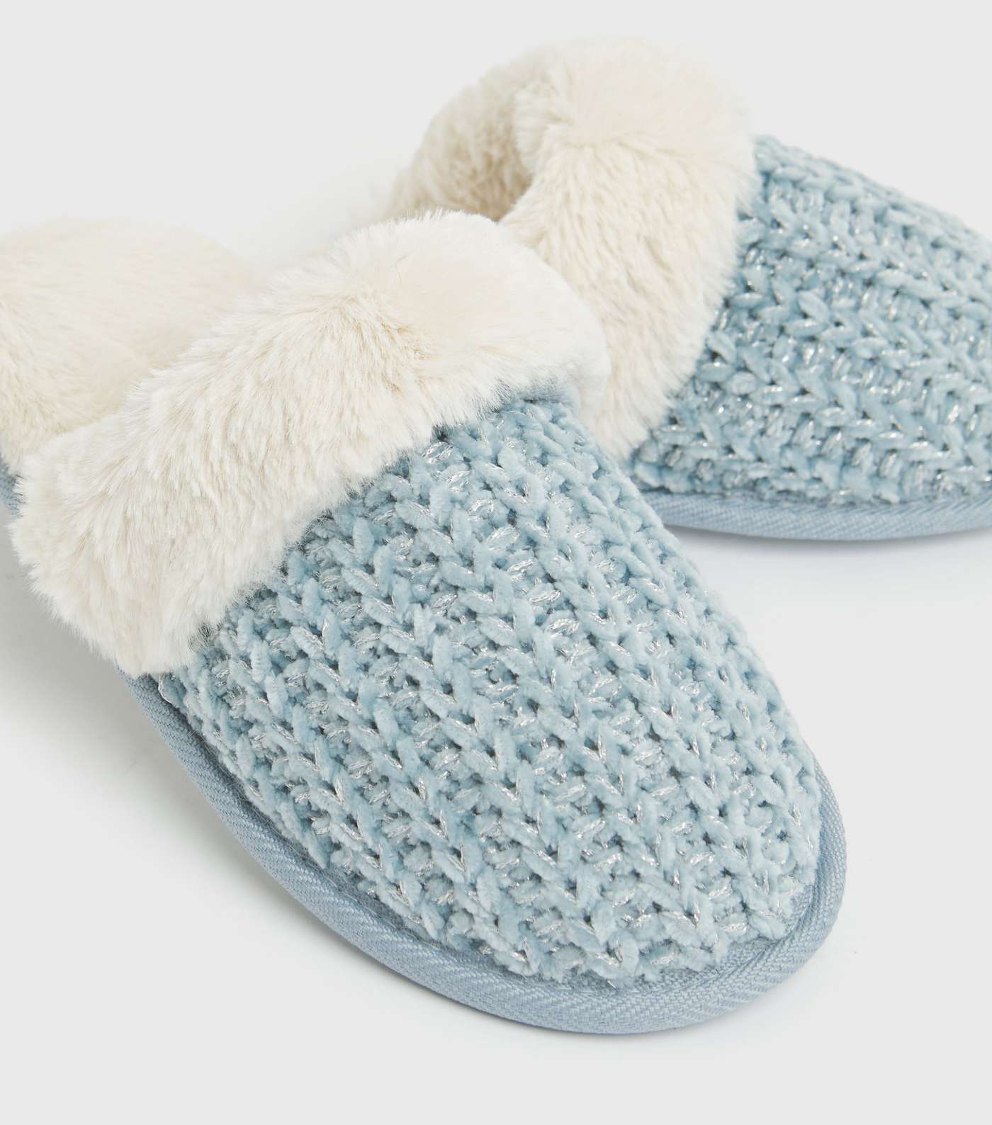 Pale Blue Knit Faux Fur Lined Mule Slippers Image 3