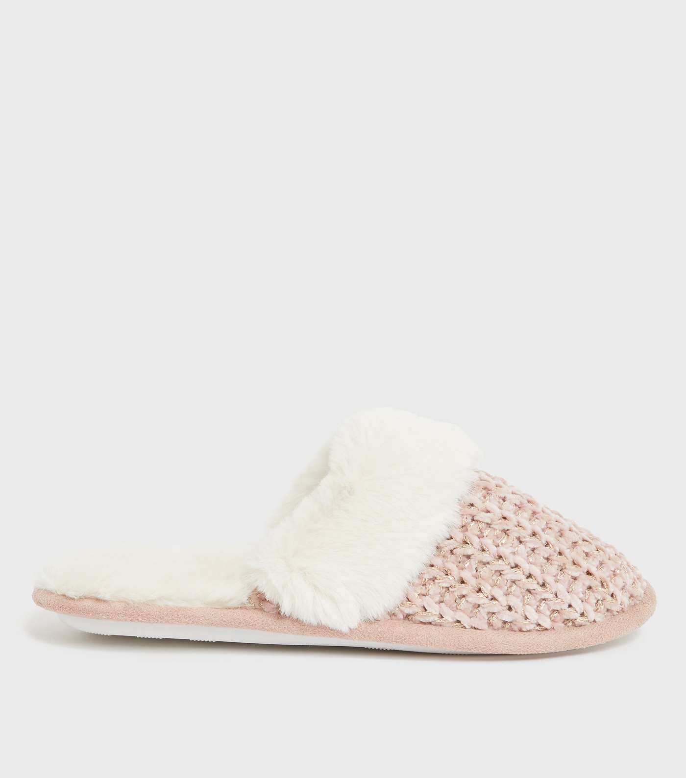 Pink Knit Faux Fur Lined Mule Slippers Image 2