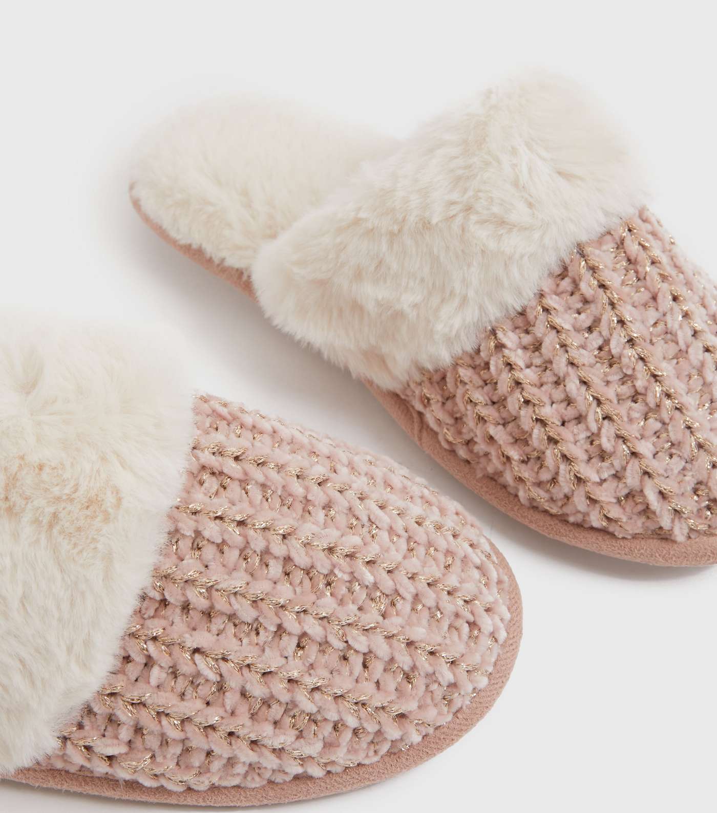 Pink Knit Faux Fur Lined Mule Slippers Image 4