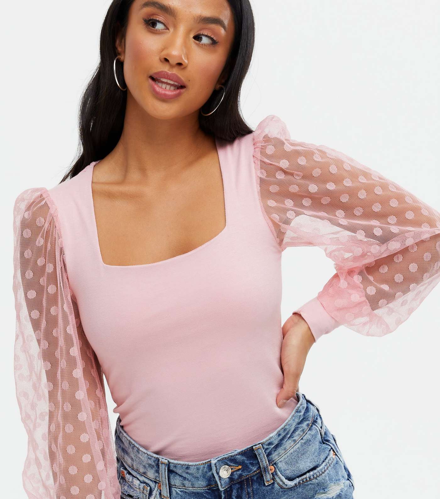 Petite Pale Pink Spot Mesh Puff Sleeve Square Neck Top