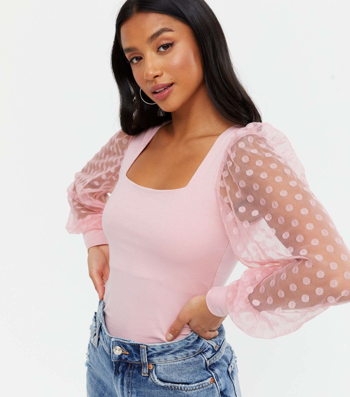 Petite Pale Pink Spot Mesh Puff Sleeve Square Neck Top Image 3