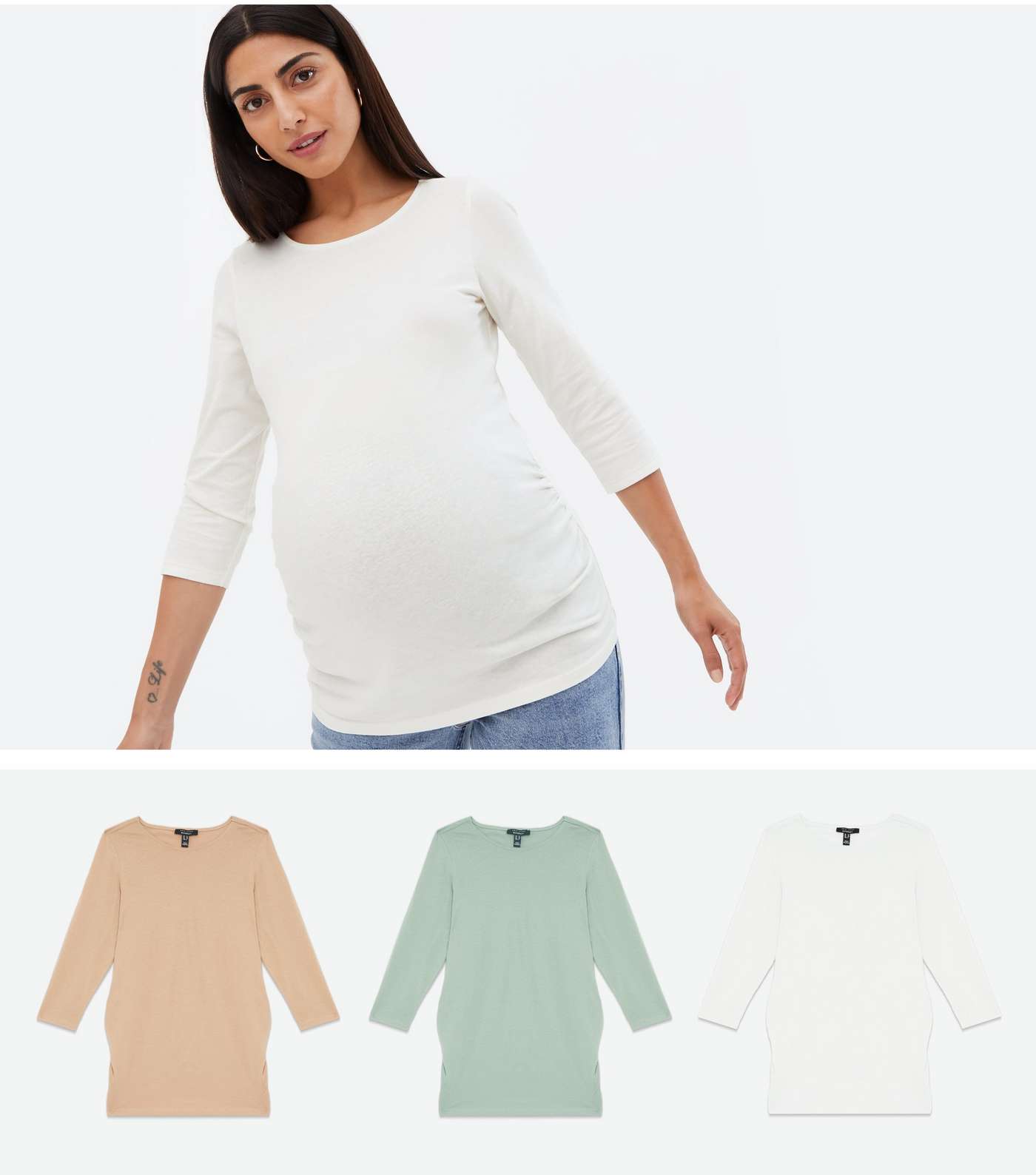 Maternity 3 Pack White Brown and Green Ruched Tops