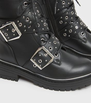 shop for Wide Fit Black Buckle Lace Up Chunky Boots New Look Vegan at Shopo