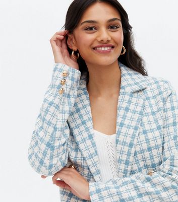 Blue Check Bouclé Button Blazer | New Look