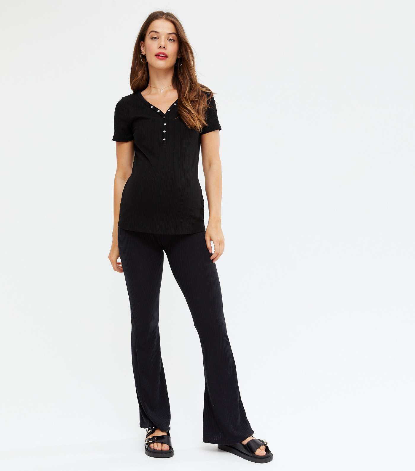 Maternity Black Ribbed Popper Front T-Shirt Image 2