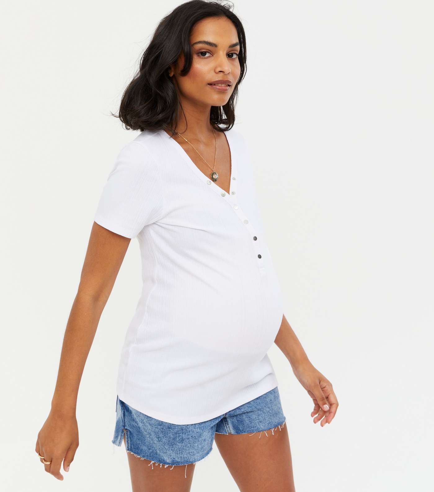 Maternity White Ribbed Popper Front T-Shirt