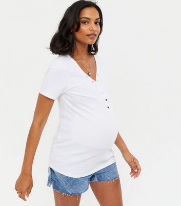 Maternity White Ribbed Popper Front T 
