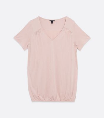 Curves Pale Pink V Neck Bubble Hem T 
