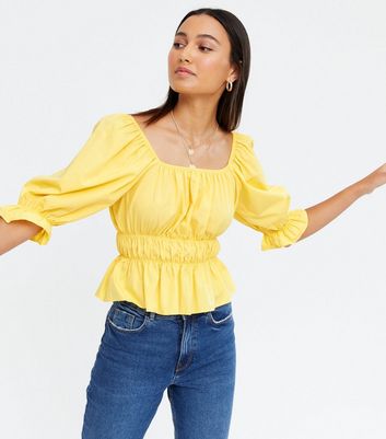 Pale Yellow Poplin Puff Sleeve Shirred Peplum Top New Look