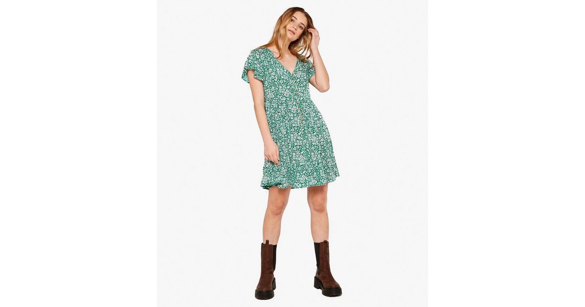 Apricot Green Ditsy Floral Button Mini Dress New Look