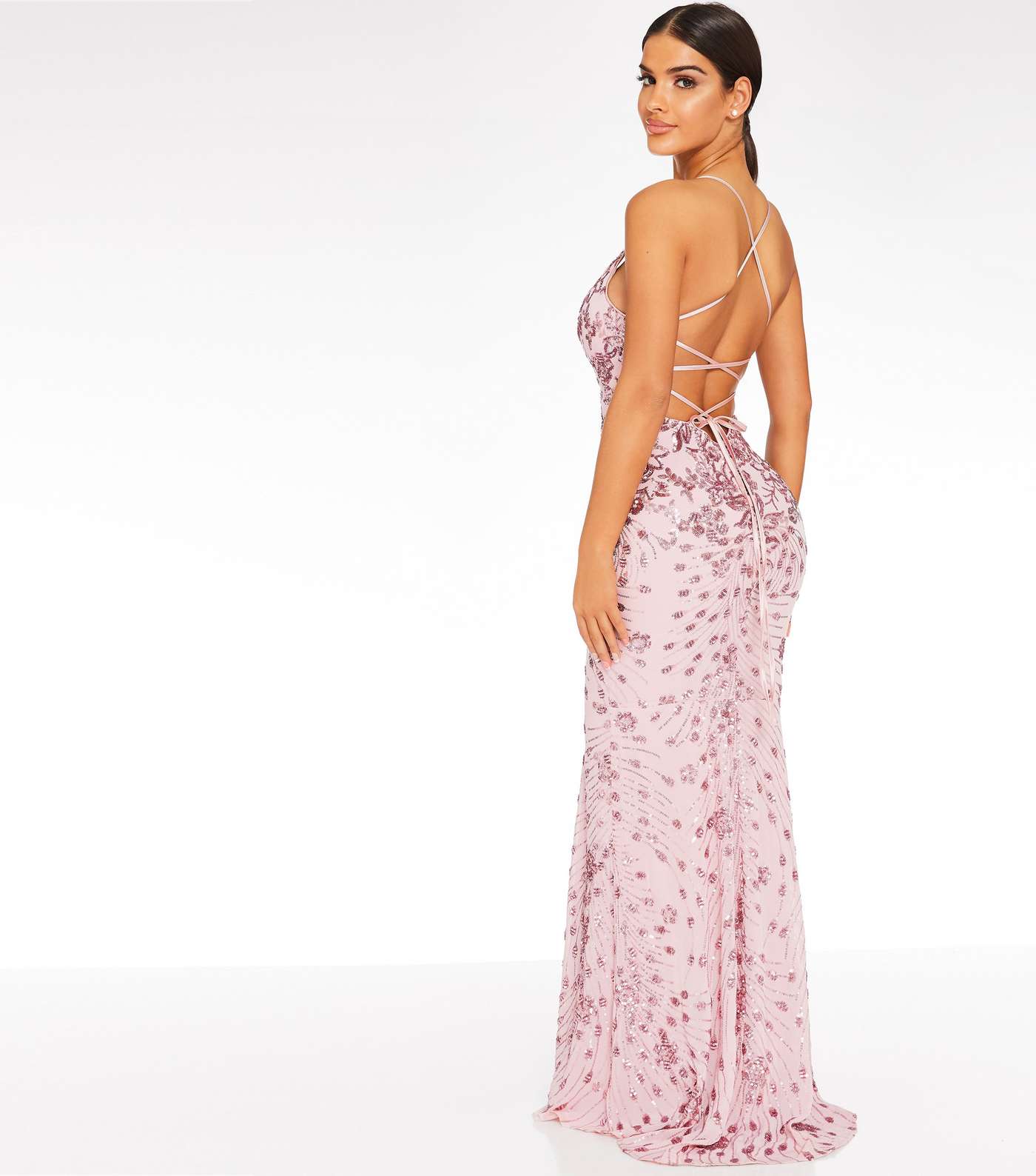 QUIZ Pale Pink Sequin Fishtail Maxi Dress Image 3
