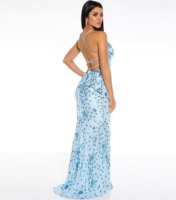 blue lace maxi dress with sleeves High Neck Lace Dress-Blue
