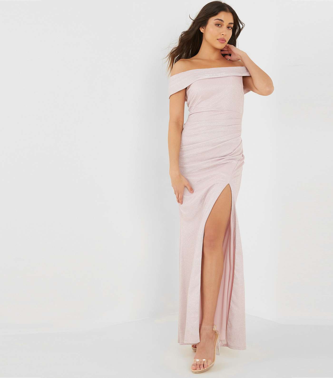QUIZ Pale Pink Glitter Split Hem Bardot Maxi Dress
