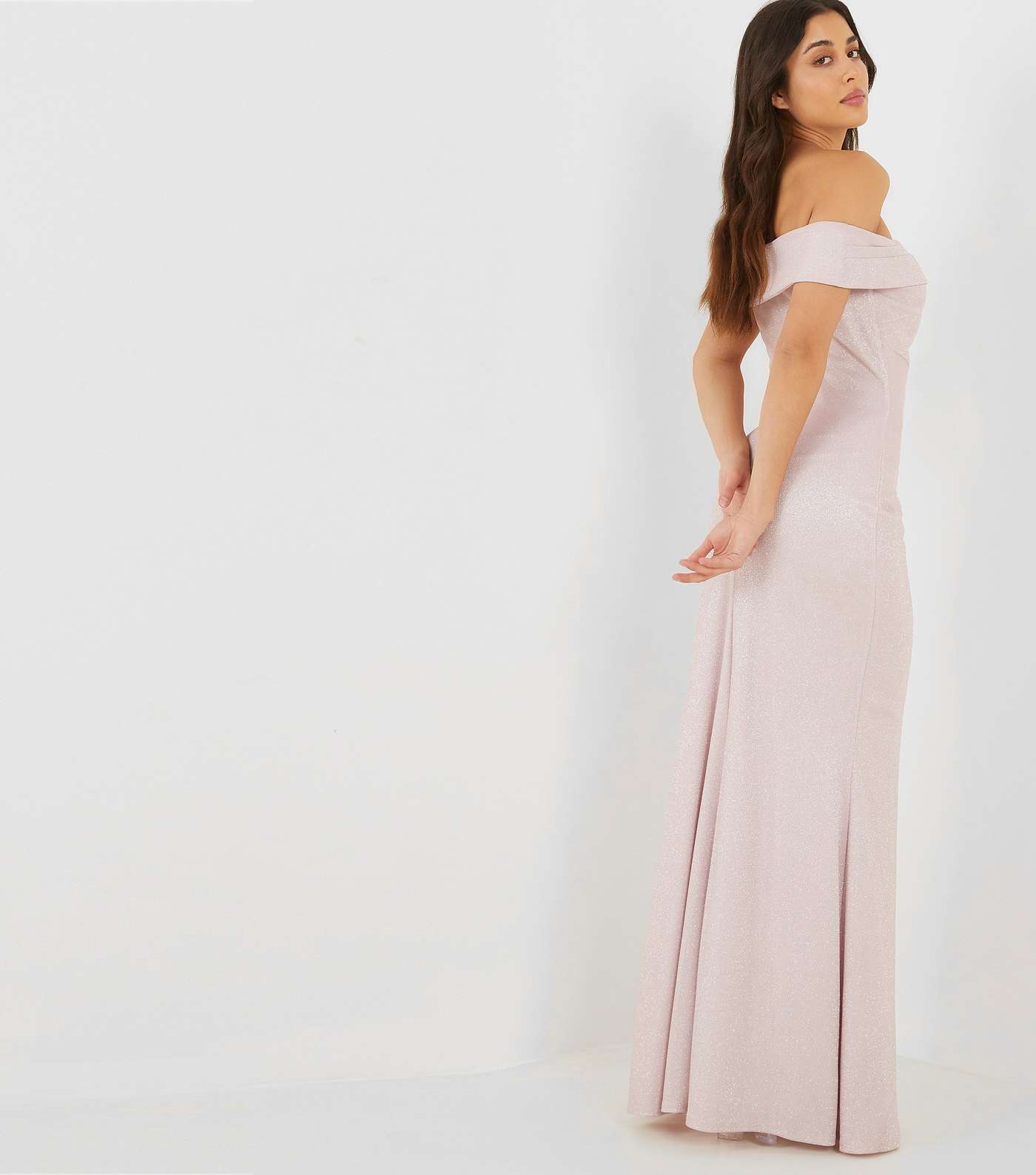 QUIZ Pale Pink Glitter Split Hem Bardot Maxi Dress Image 3