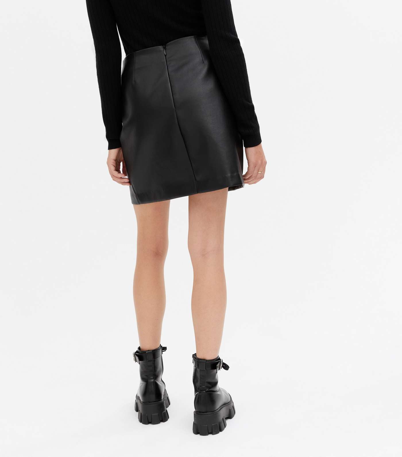 Black Leather-Look Split Hem Mini Skirt Image 4