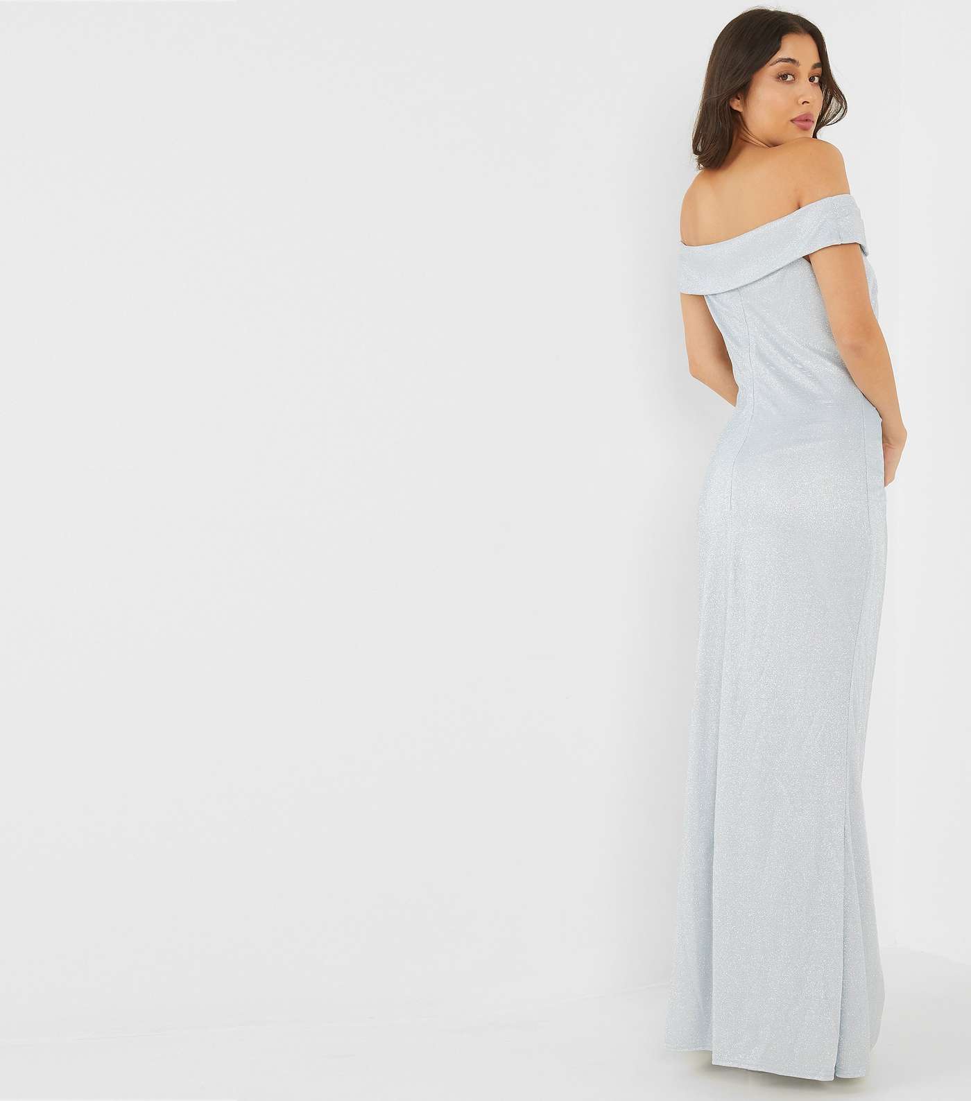 QUIZ Pale Blue Glitter Split Hem Bardot Maxi Dress Image 3