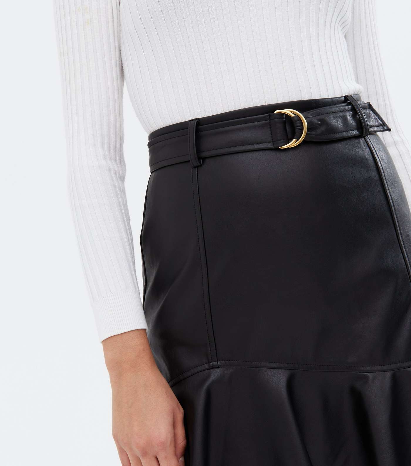 Black Leather-Look Belted Flippy Hem Mini Skirt Image 3