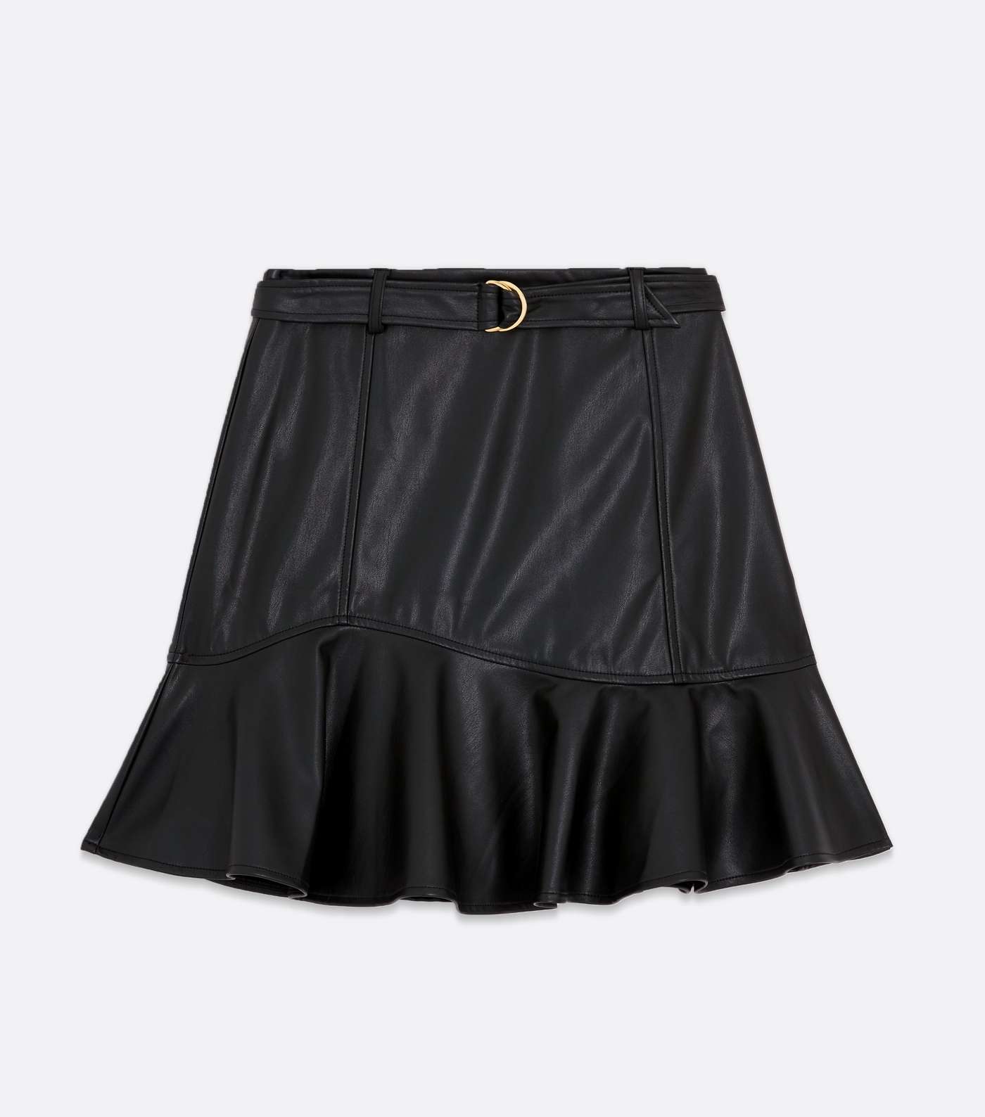 Black Leather-Look Belted Flippy Hem Mini Skirt Image 5