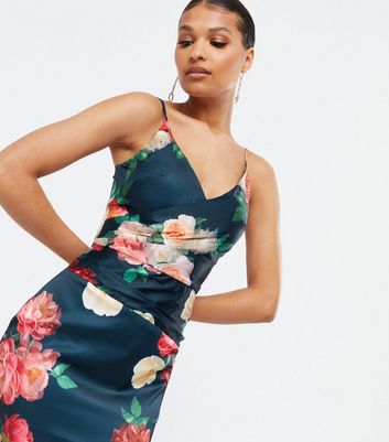 navy floral satin dress