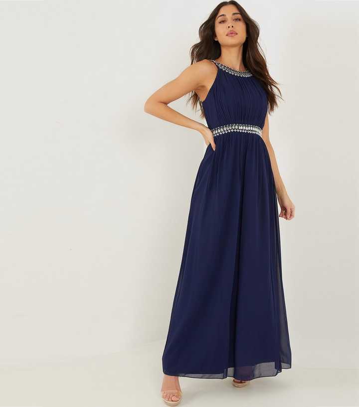 QUIZ Navy Chiffon Gem Halter Maxi Dress | New Look